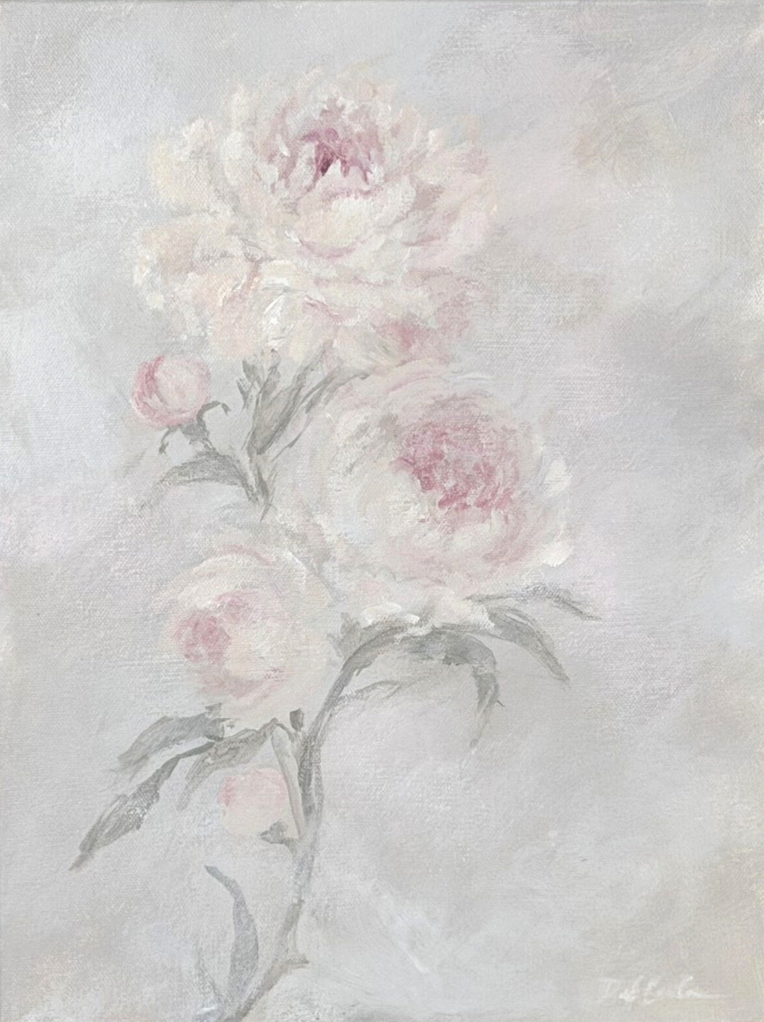 Acrylic painting of vintage-style pale pink roses over a muted blue background.