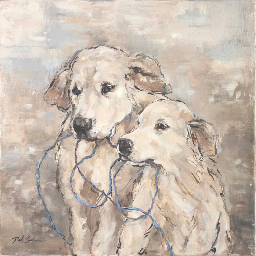 Painting of a Mother Labrador and her puppy playing with a blue rope on a neutral brown and beige background.