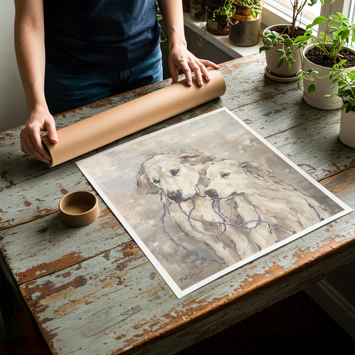 Person rolling up an unstretched canvas print of shabby chic dog artwork to be placed in a cardboard mailing tube