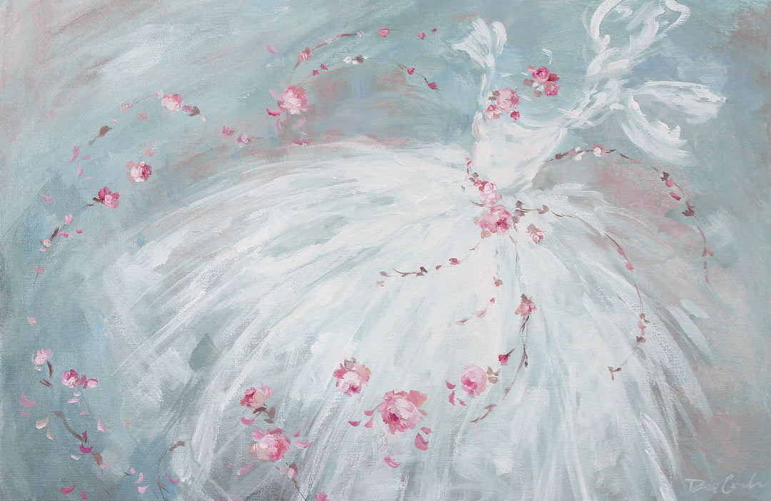 Abstract ballet painting of a white tutu with pink roses on a light blue background