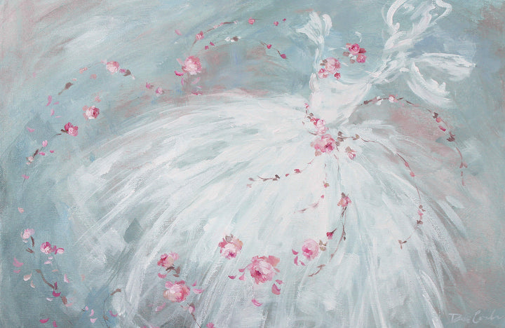 Abstract ballet painting of a white tutu with pink roses on a light blue background