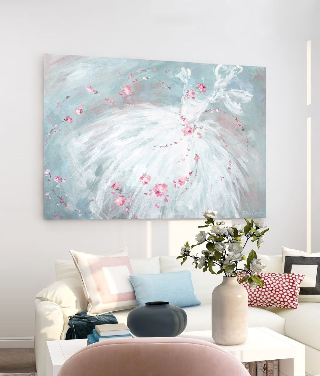 Decorative painting of a white swan with pink flowers on a light blue background, hanging above a living room sofa.