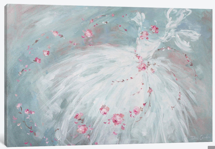 canvas print of a white tutu dancing with a flurry of pink roses on a light blue and peach background