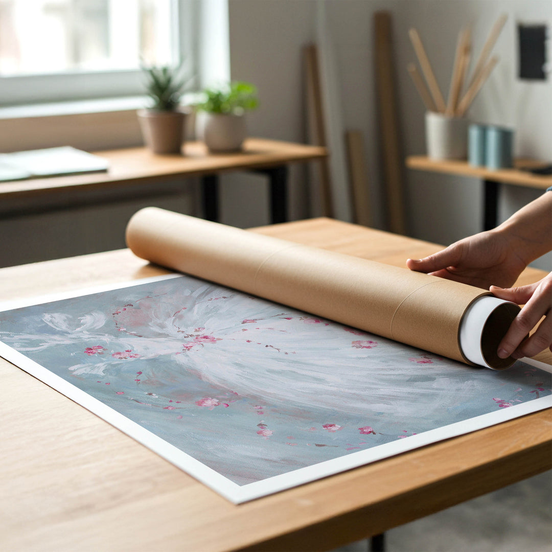 A person rolling up an unstretched canvas print of shabby-chic ballet painting to place in a cardboard mailing tube.