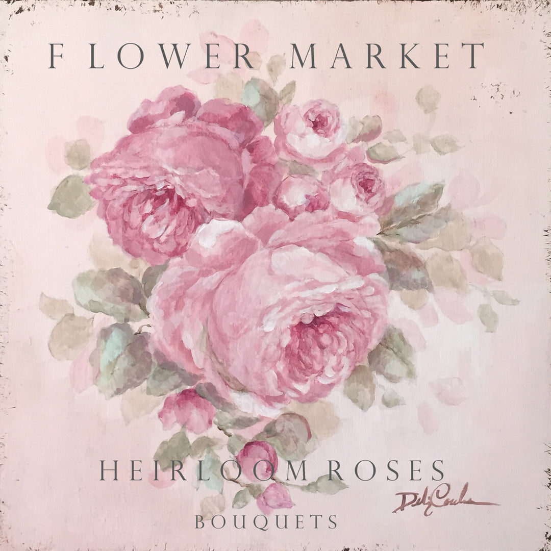 Shabby chic cottage sign featuring blooming heirloom roses painted in soft shades of pink. The sign's text reads: Flower Market - Heirloom Roses Bouquets