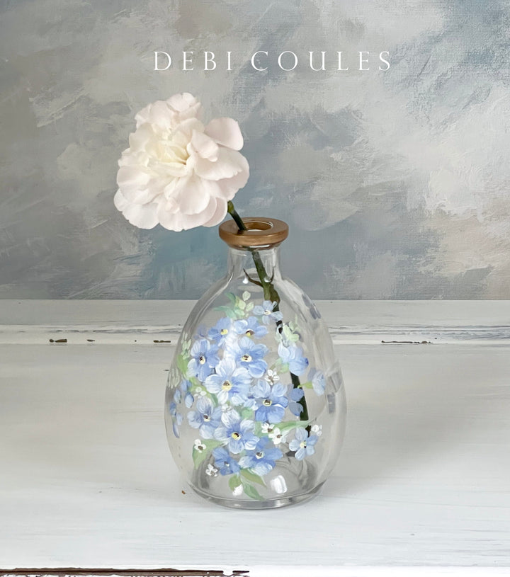 Shabby Chic Vintage Bottle Budvase Forget-me-nots Flowers Original by Debi Coules