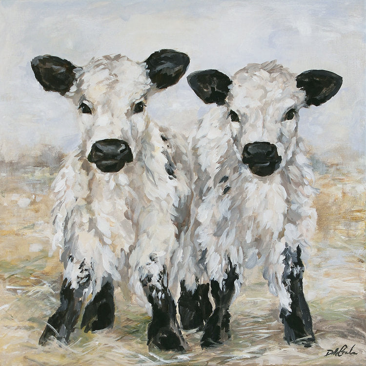 A painting of two  baby cows, calves, standing in a patch of hay in a pasture. The colors are neutral with a bluish grey sky, lending this artwork to  Rustic,  French Chic, Shabby Chic, Cottage Chic, Paris Chic, home decor