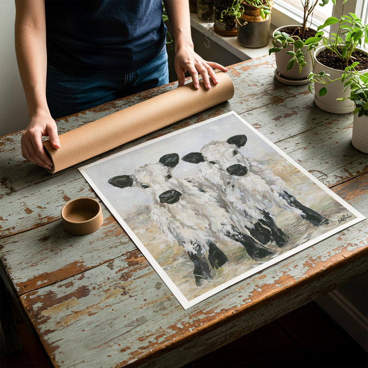 Person rolling up an unstretched canvas print of shabby chic farmhouse baby cow artwork to be placed in a cardboard mailing tube