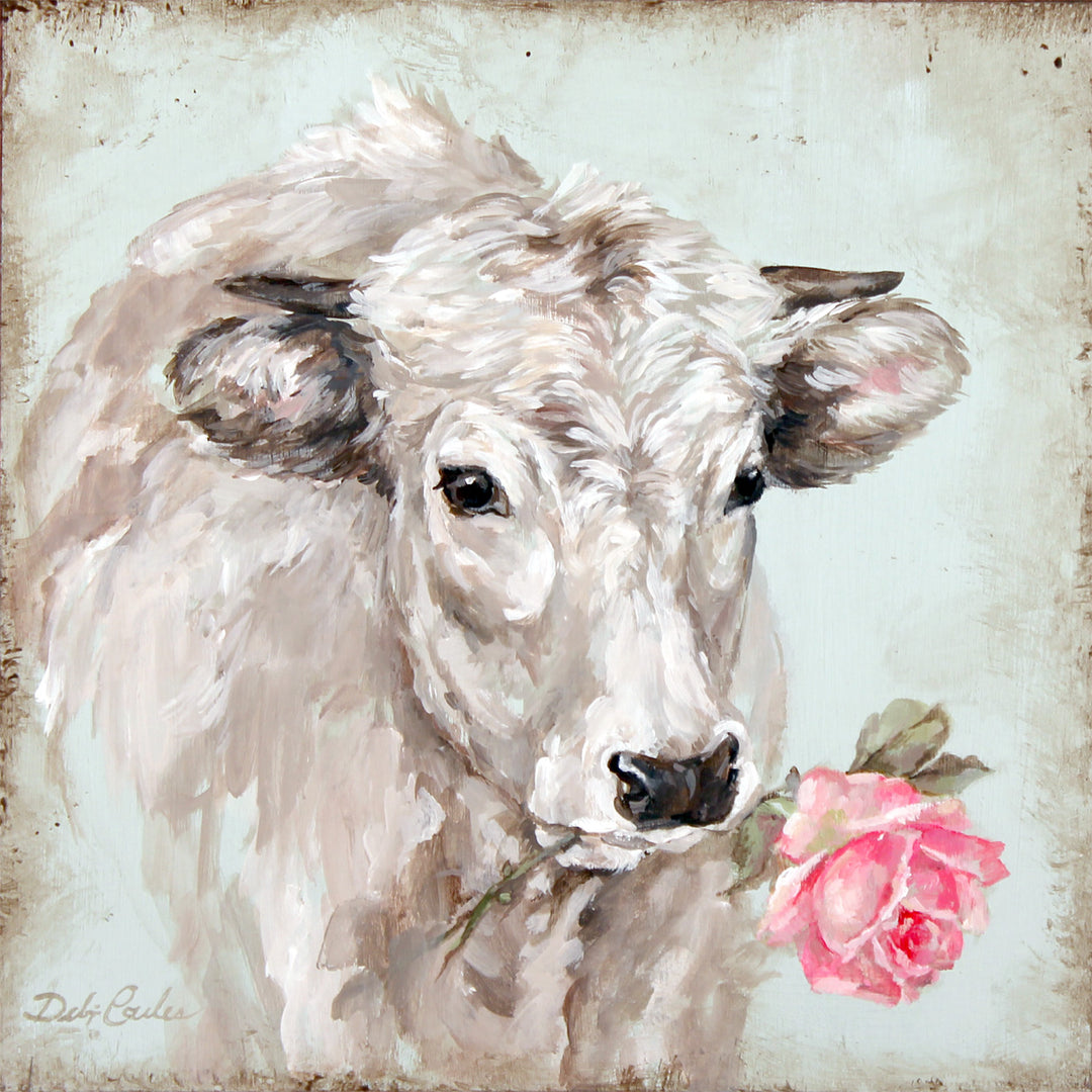 Painting of a white French cow holding a rose. The light blue-green background is textured and distressed.
