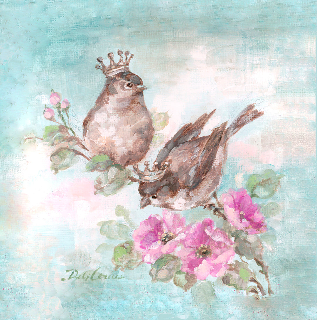 Two birds with a crown on a branch with flowers against a light blue background