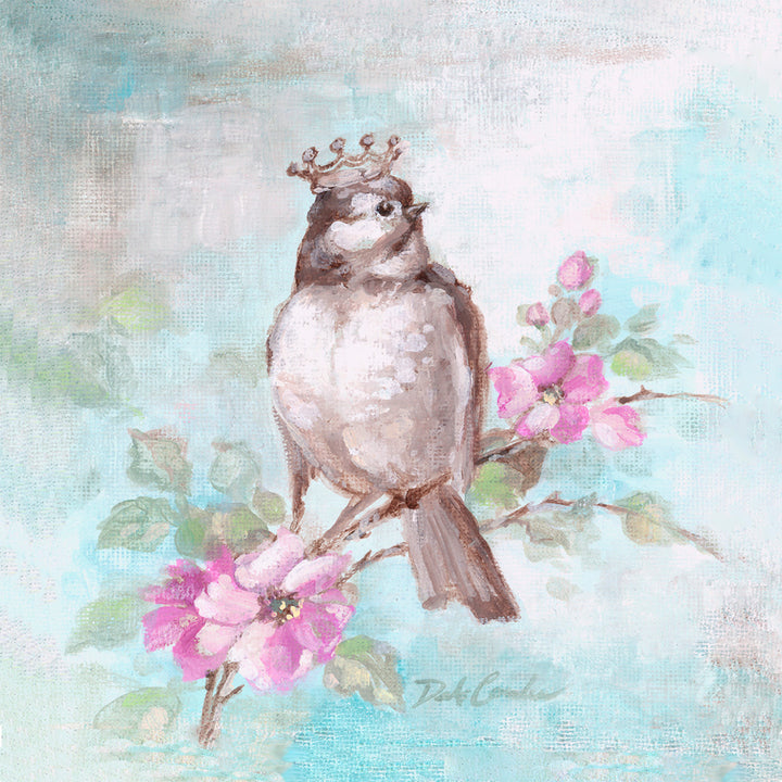 Painting of a bird with a crown perched on a branch with pink flowers against a light blue background.