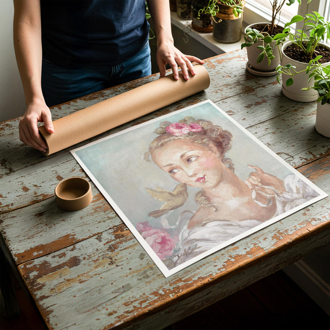 Person rolling up an unstretched canvas print of shabby chic portrait artwork to be placed in a cardboard mailing tube