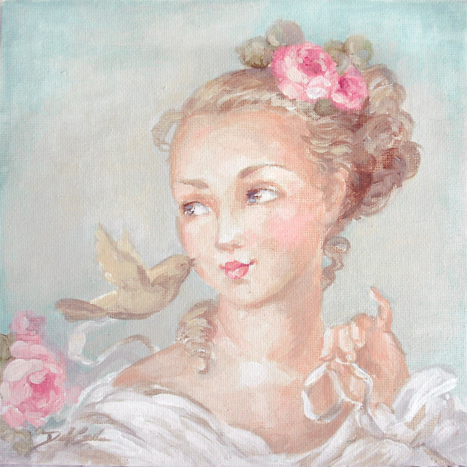 Vintage-style portrait of a French woman  with blue eyes and blond hair tied up with flowers. A brown songbird kisses her cheek. Pastel colors and shabby chic charm.