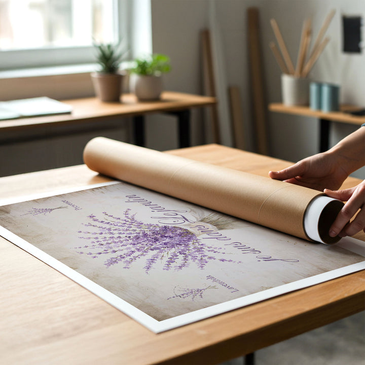 Person rolling up a canvas print of shabby-chic artwork of bundle of French lavender to put in a cardboard mailing tube.