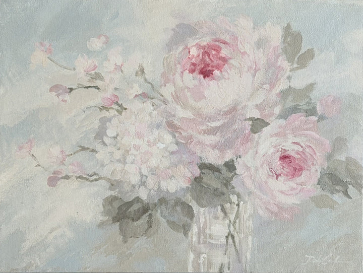 Acrylic painting of pink roses and white hydrangeas flowers in a vase on a French blue and cream with touches of pale blue background.