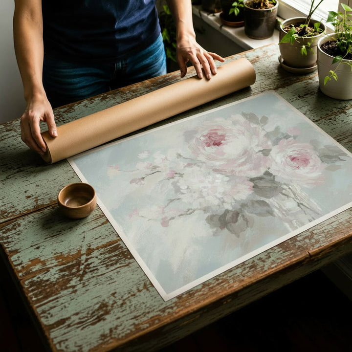 Rolled canvas print of roses and hydrangeas laying fla on a table with mailing tube behind it.