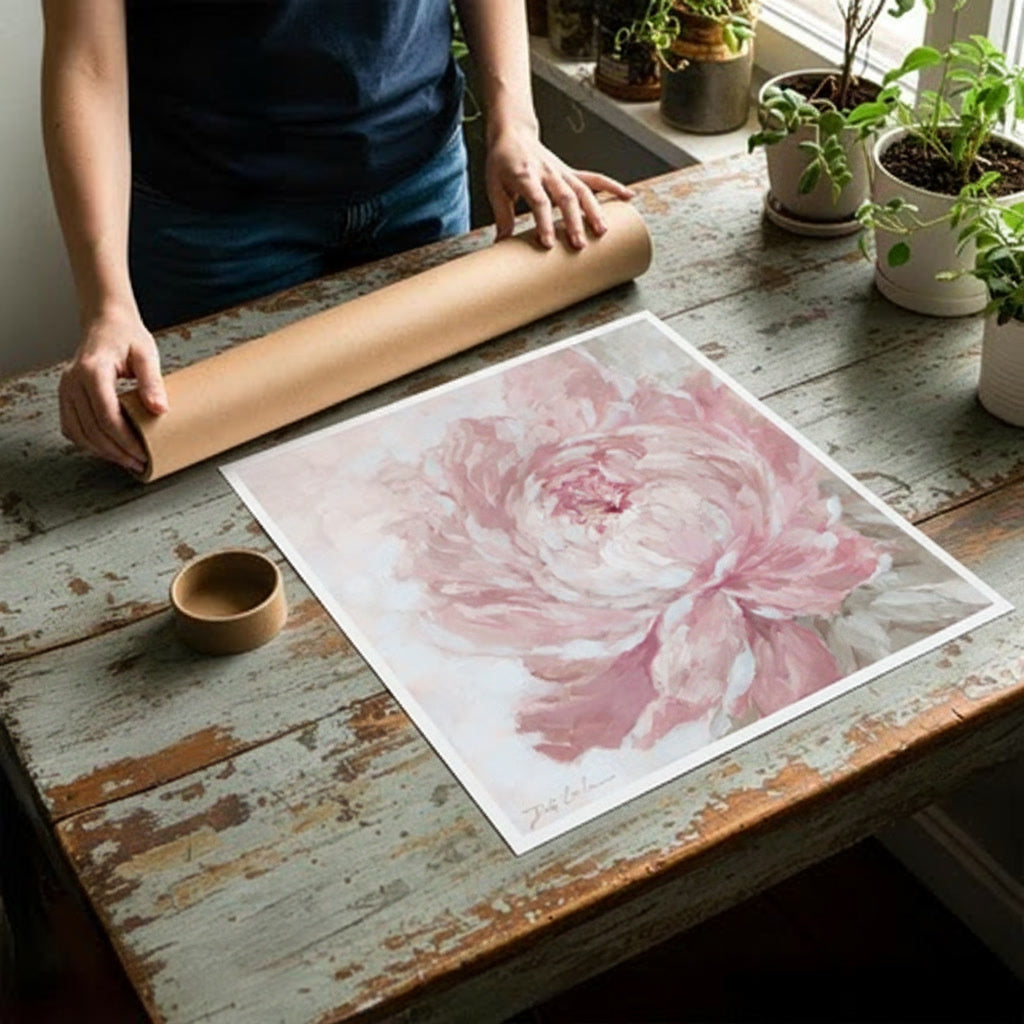 Rolled canvas print unrolled to lay flat on a table . Mailing tube shown behind