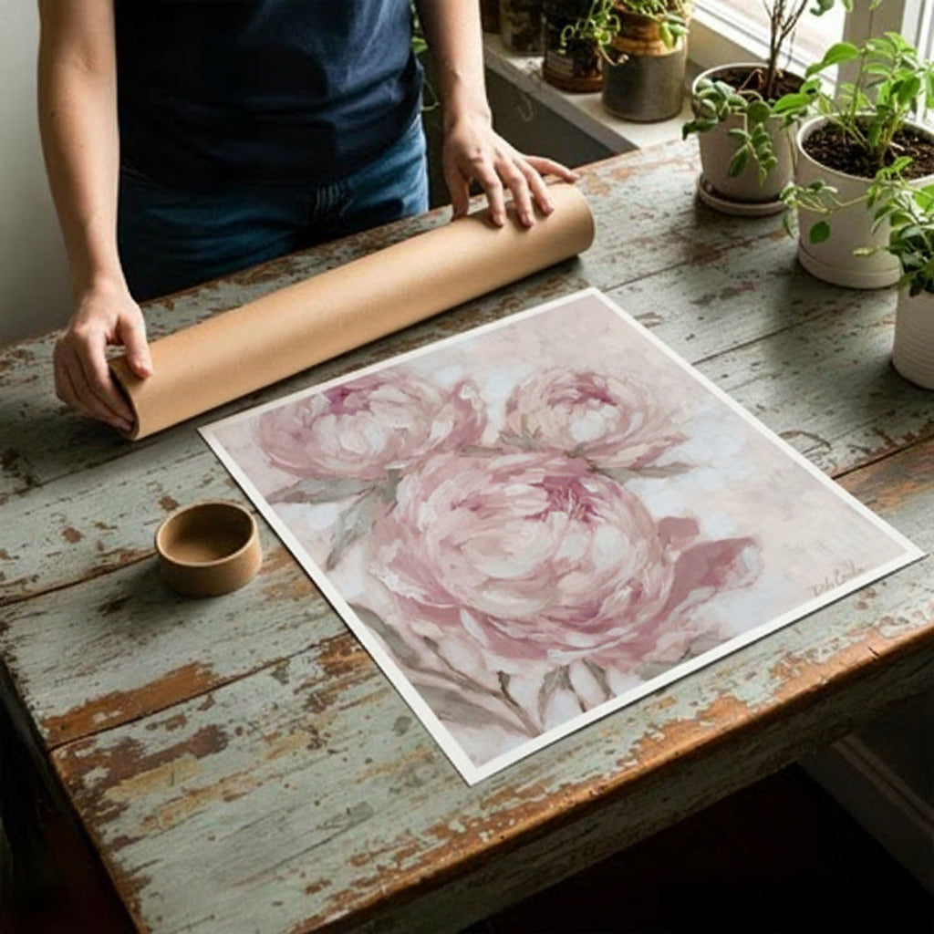 Rolled canvas print, unfurled to lay flat on a table. Mailing tube is shown behind