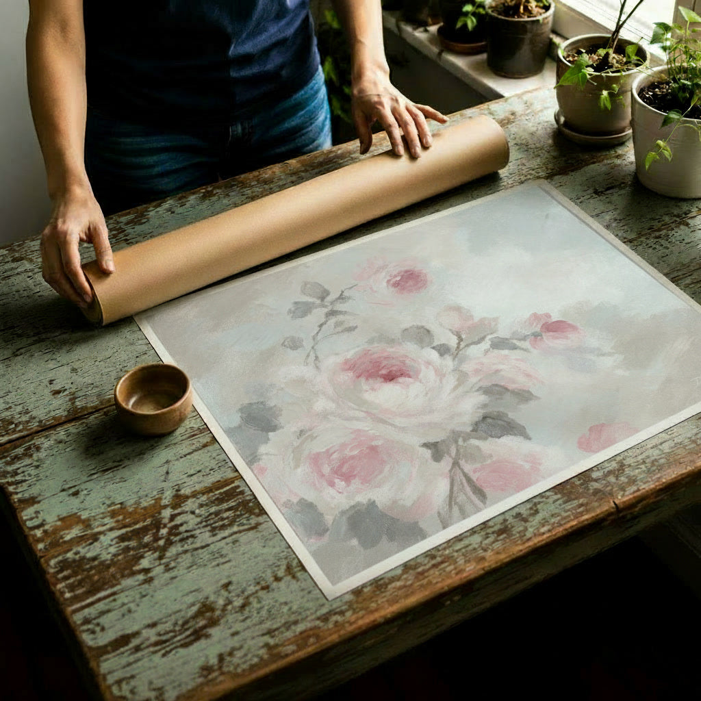 Rolled canvas print of pink and white roses laying flat on a table with round mailing tube behind