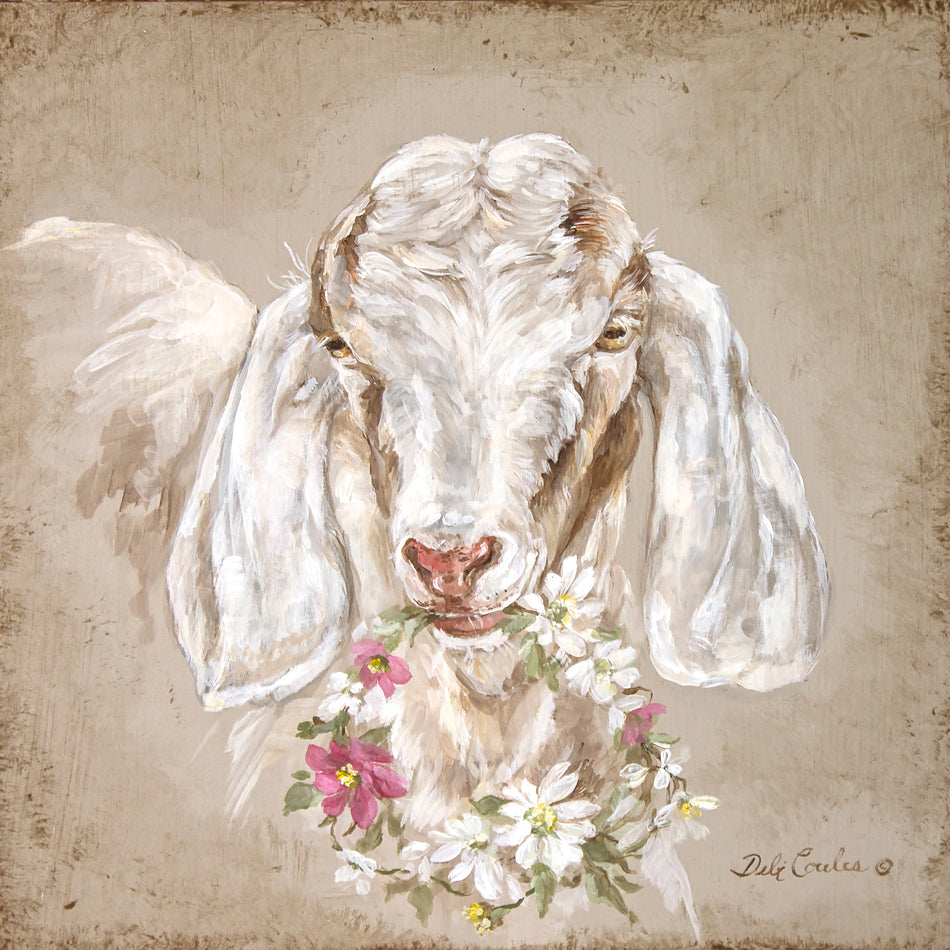 Painting of a goat holding a daisy flowers wreath in his mouth on a textured textured beige background