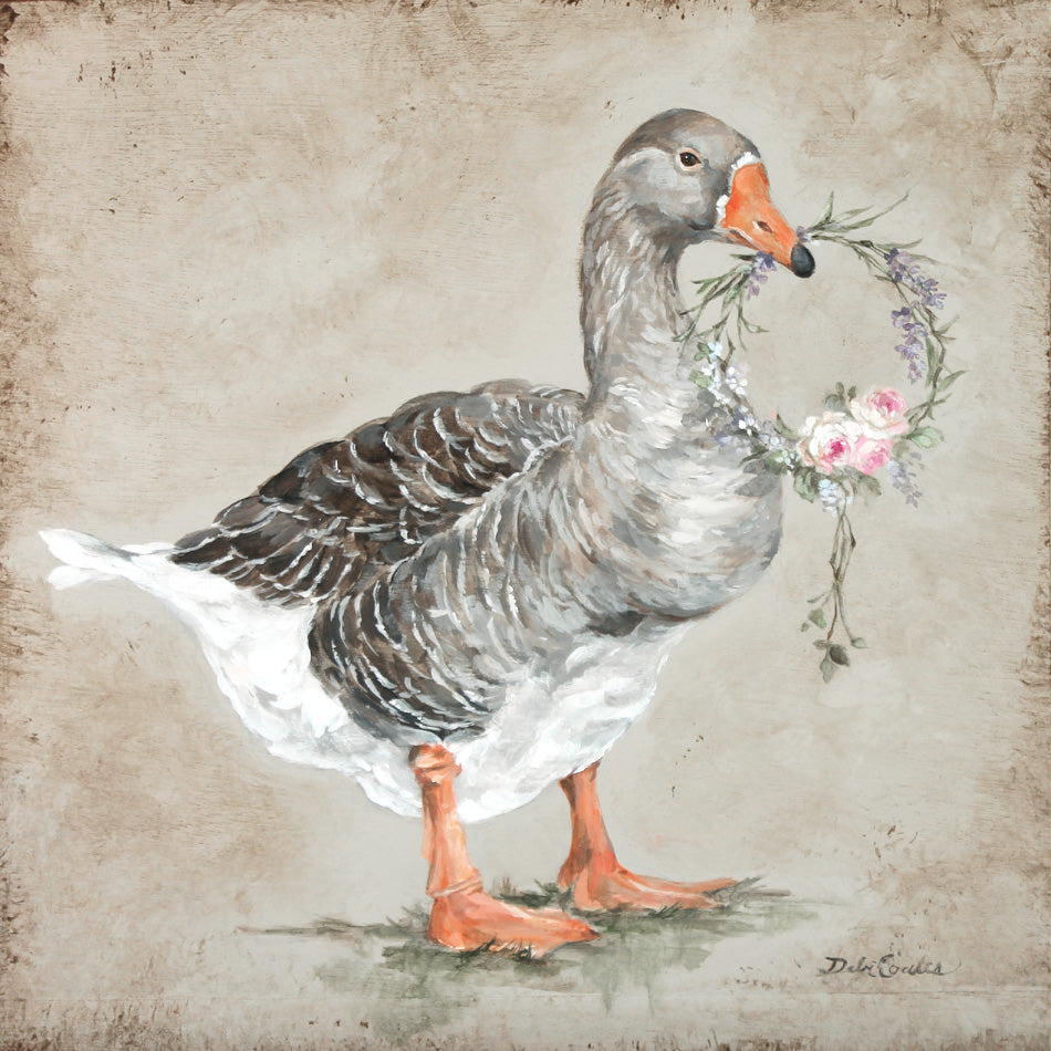 Painting of a French goose holding a floral wreath on a textured beige background