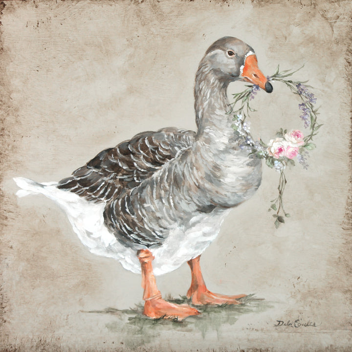 Painting of a French goose holding a floral wreath on a textured beige background