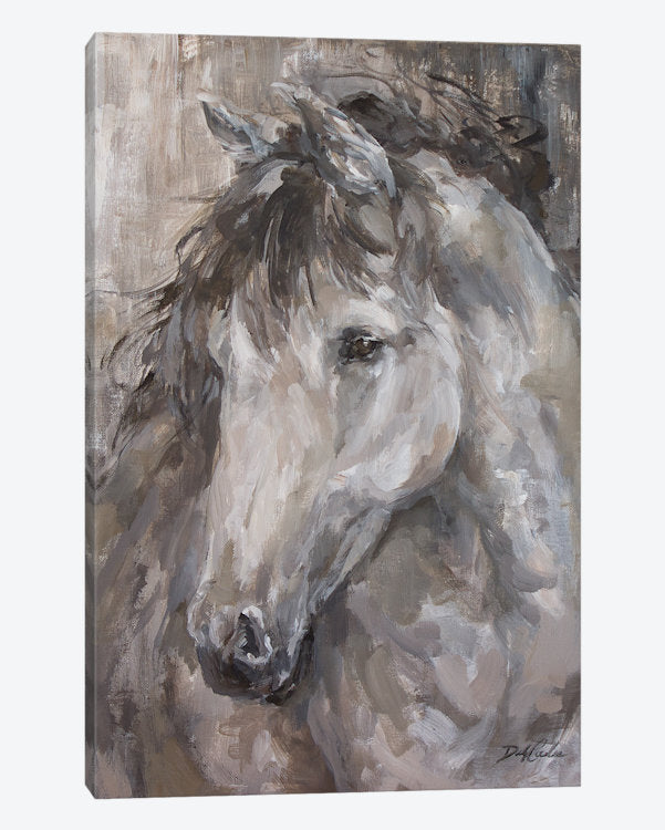 Canvas print of a beautiful stallion. The horse is painted with neutral browns and grays to match a modern farmhouse color scheme.