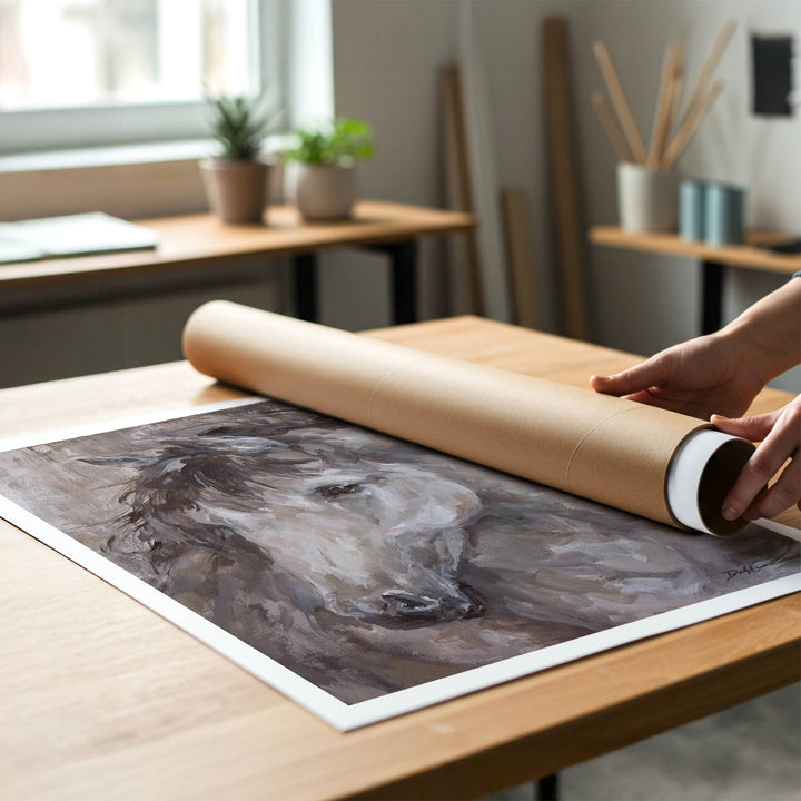 A person rolling up an unstretched canvas print of rustic willd stallion painting to place in a cardboard mailing tube.
