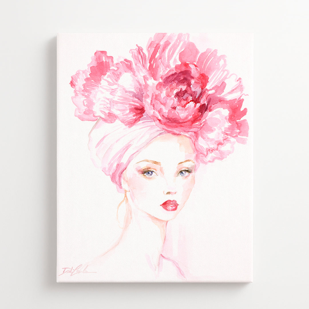 Artistic depiction of a woman's face with a large pink flower in her hair on a white background
