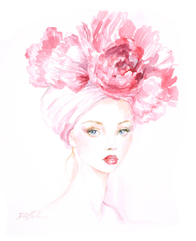 Artistic illustration of a woman's face with a large pink flower on her head against a white background
