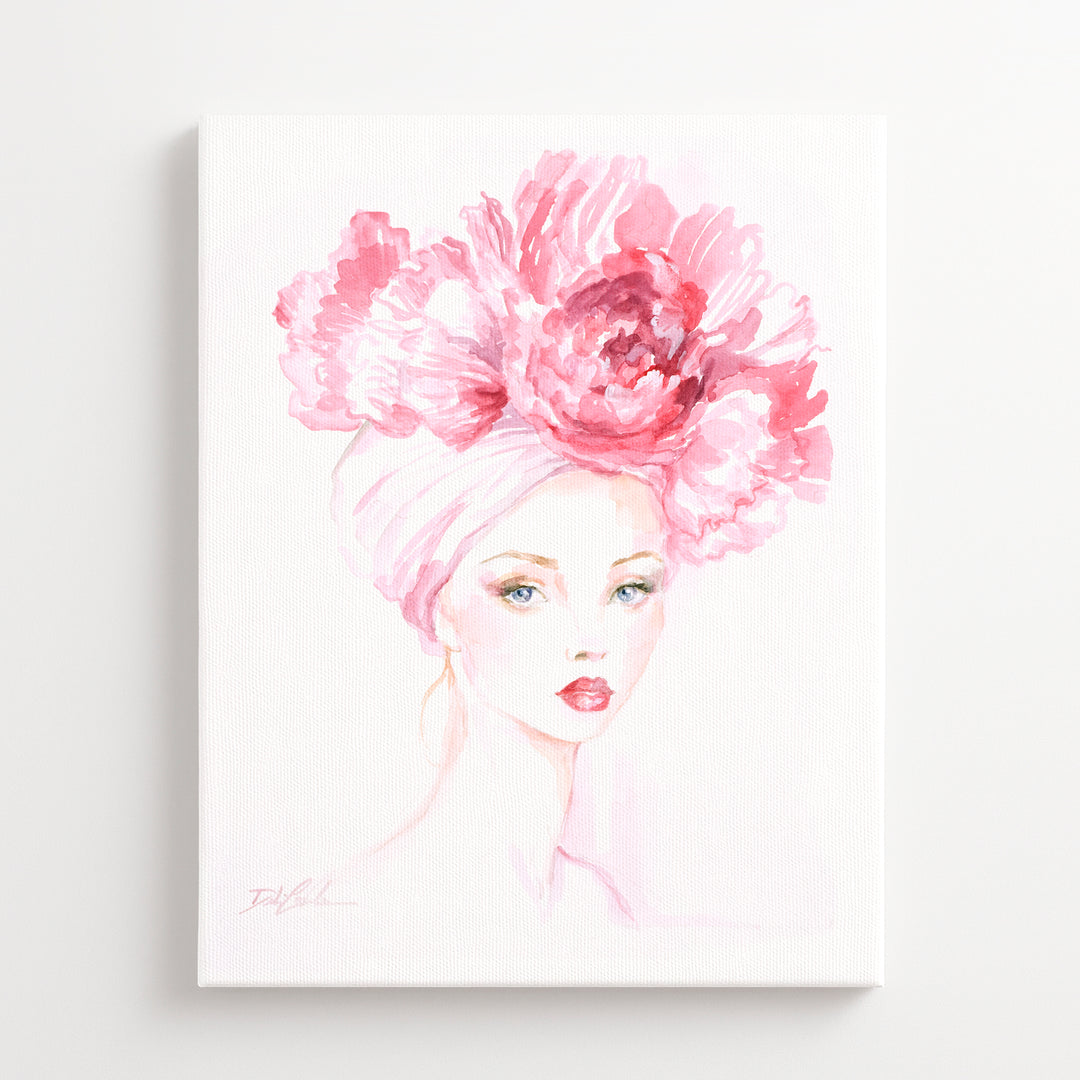 Artistic depiction of a woman's face with a large pink flower hat on her head against a white background