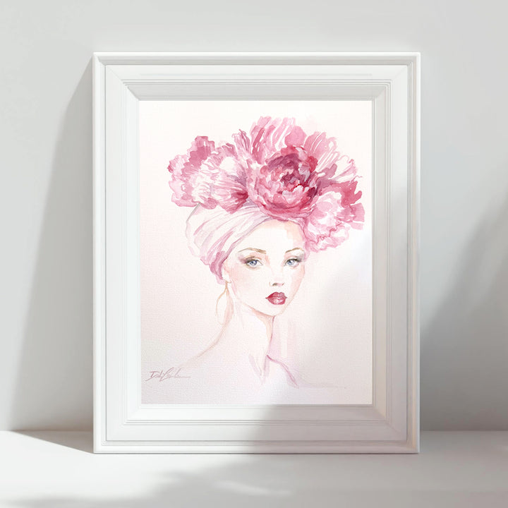 Framed artwork of a woman with a pink floral headpiece on a white background