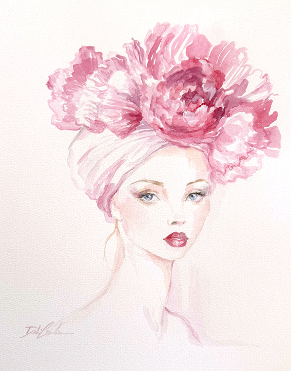 Original watercolor paintings of a woman wearing a large pink flower headpiece on a white background