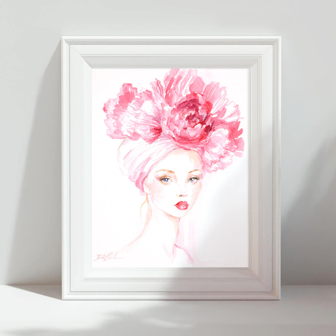 Framed artwork of a woman with pink floral headpiece on a white background