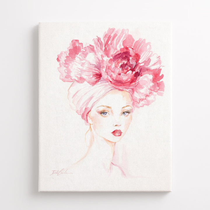 Artistic depiction of a woman's face with a large pink flower hat on her head against a white background