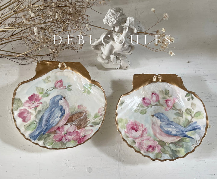 Shabby Chic  Bluebird and Roses With Nest Hand Painted Shell Ring Dish Romantic Original by Debi Coules