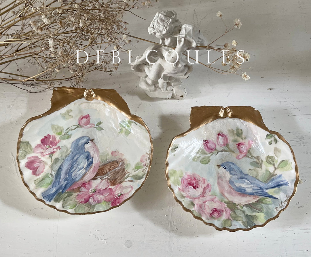 Shabby Chic  Bluebird and Roses With Nest Hand Painted Shell Ring Dish Romantic Original by Debi Coules