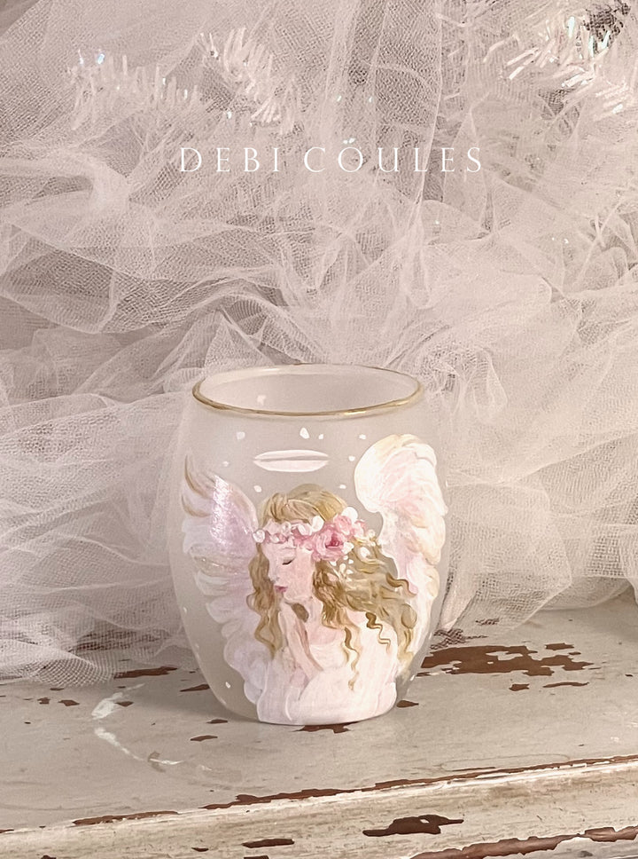 Decorative glass votive candle vase with an angel portrait hand-painted on the surface