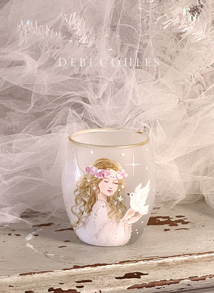 Decorative glass votive candle vase with an angel portrait hand-painted on the surface