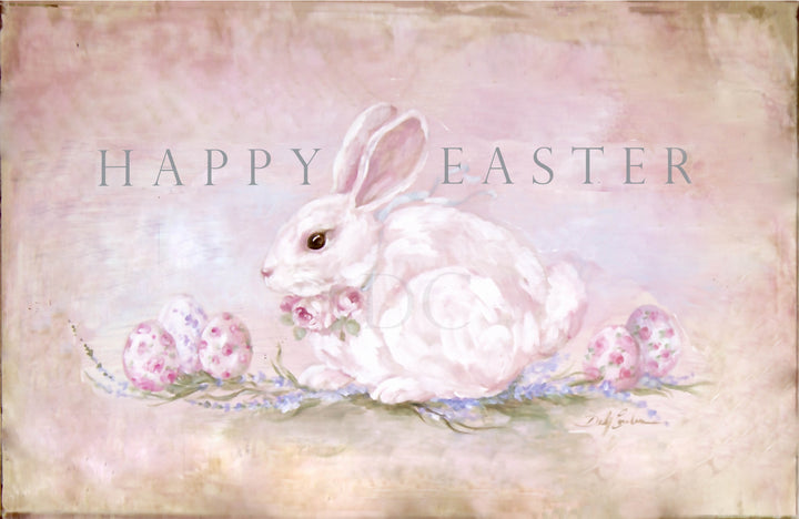 Original Easter artwork featuring a white bunny and rose-painted eggs on a soft pink background.