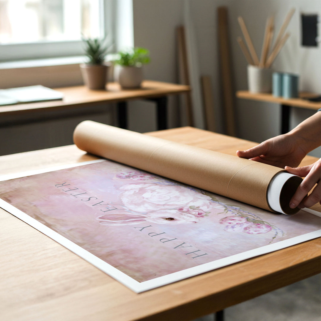 Person rolling a canvas print of shabby-chic Easter artwork to put in a cardboard mailing tube.