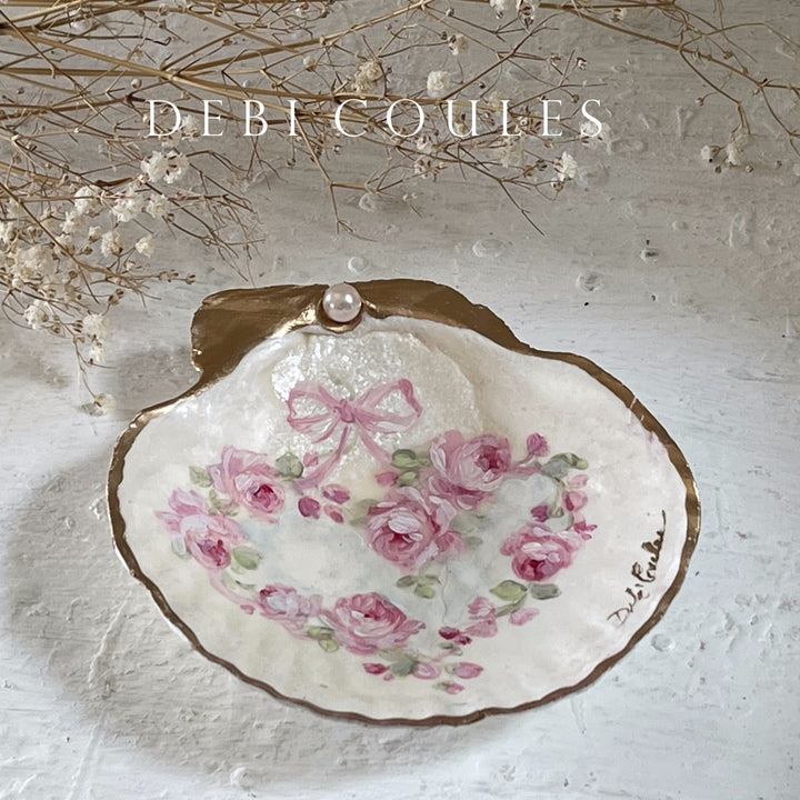 Shabby Chic Hand Painted Rose Heart Trinket Shell Original by Debi Coules