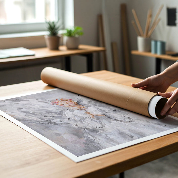 Person rolling a shabby-chic fine art print of a angel painting to place in a cardboard mailing tube.