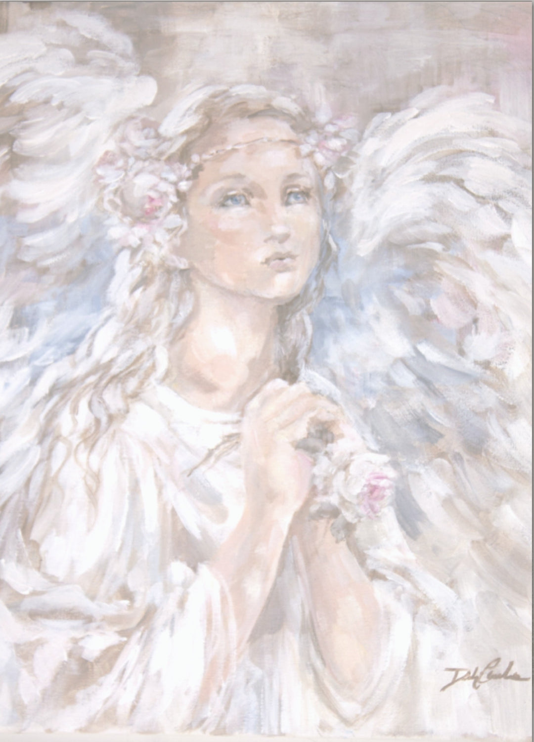 Original human artwork featuring a beautiful, rose-crowned angel with her hands clasped in prayer.