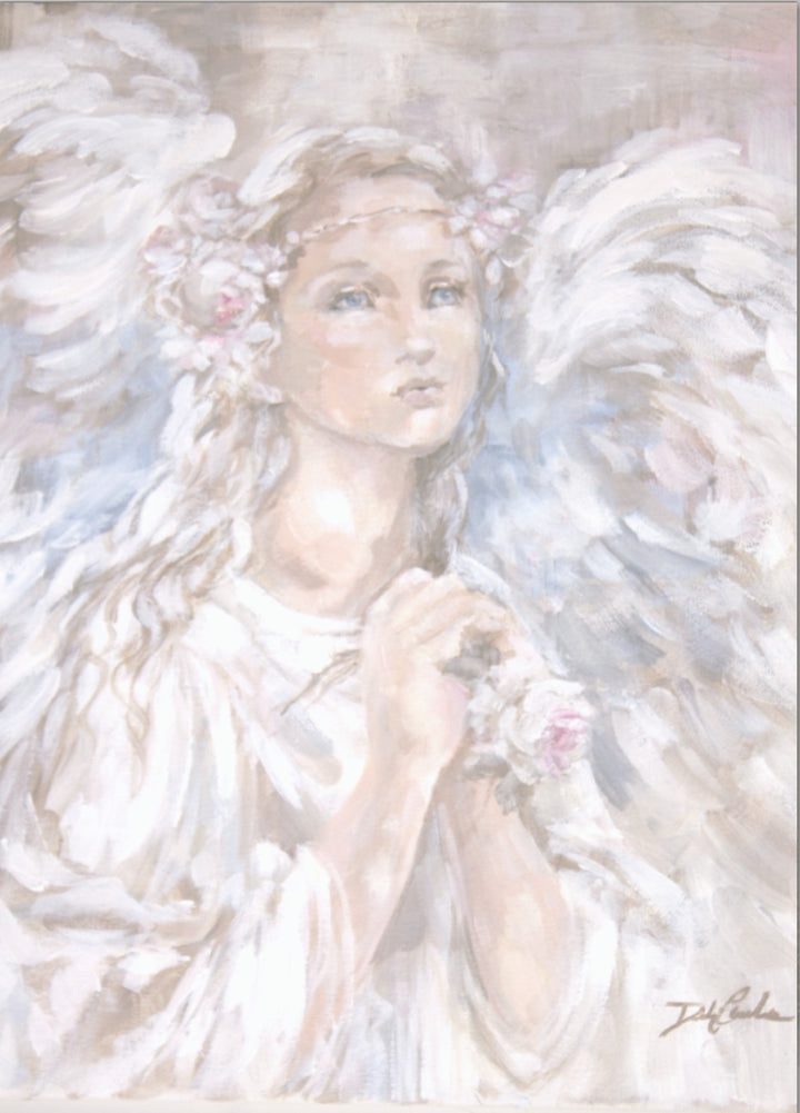Original human artwork featuring a beautiful, rose-crowned angel with her hands clasped in prayer.
