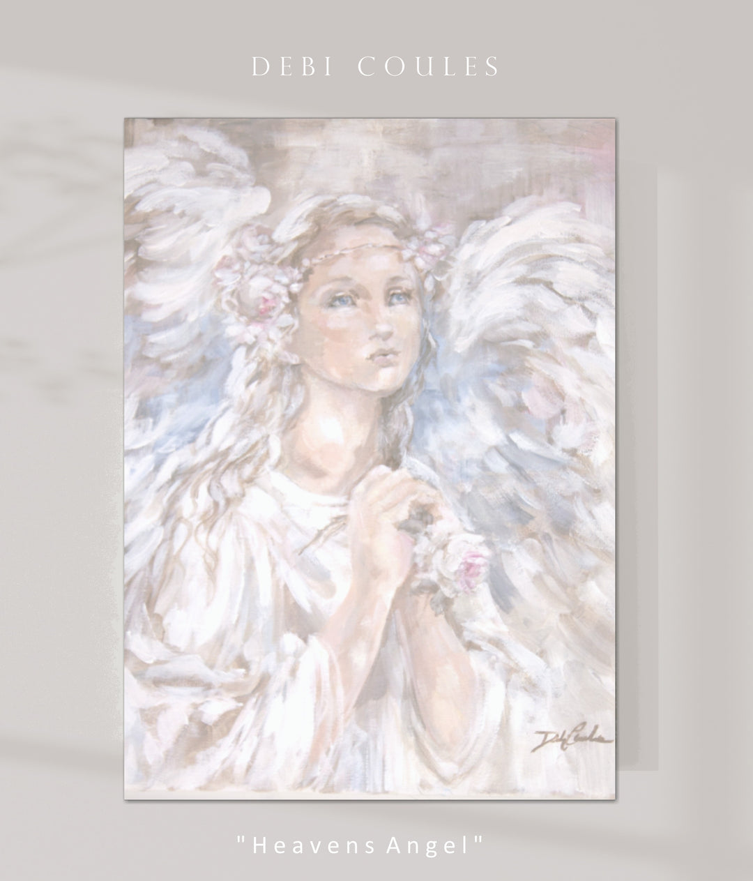 Canvas print depicting an angel painted with soft, pastel colors on a light gray background. Roses crown her long blond hair, and her hands are clasped in prayer.