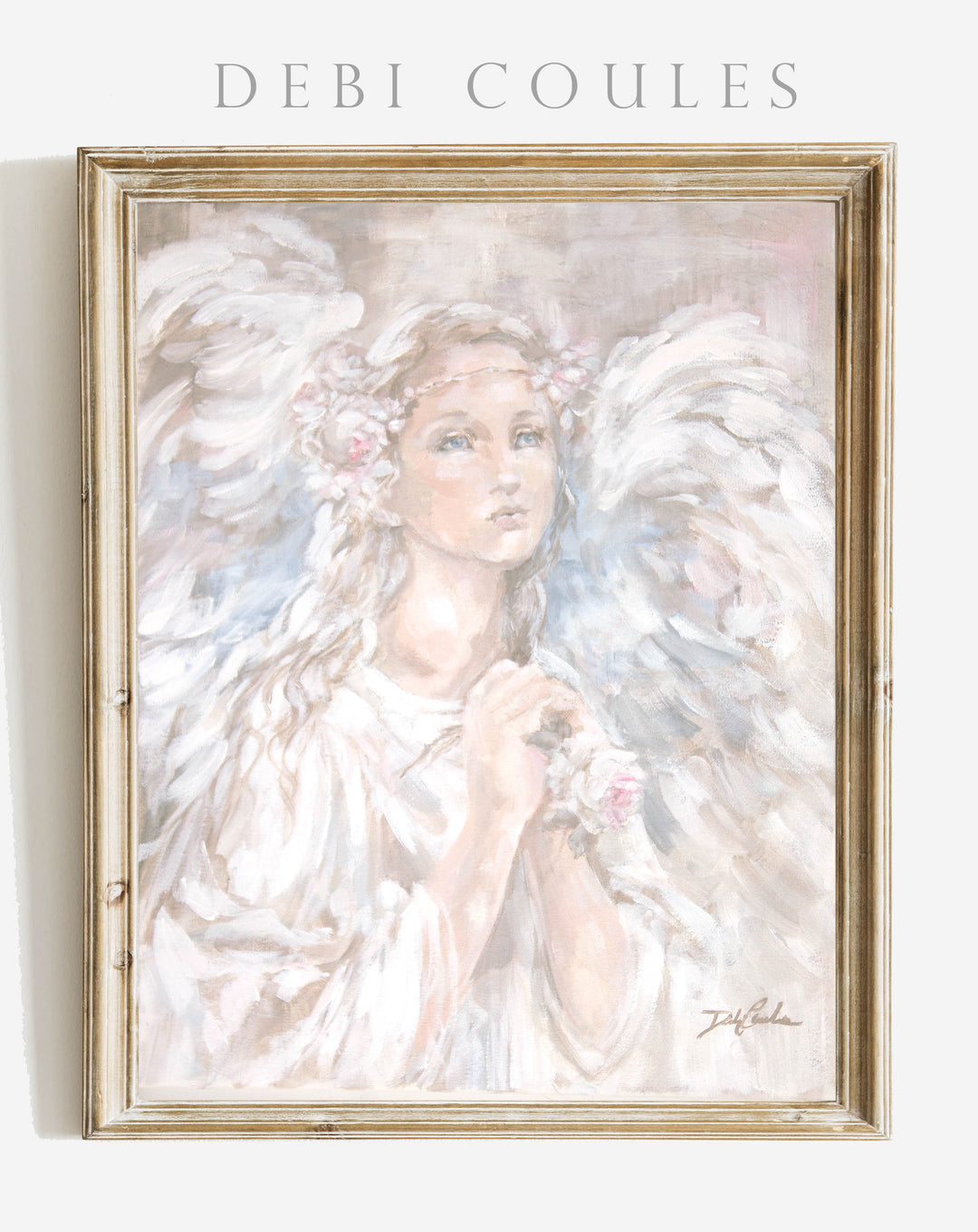 Fine art paper print featuring an angel with a crown of roses praying as she glances up with soft blue eyes. The painted uses soft, pastel colors on a light gray background.