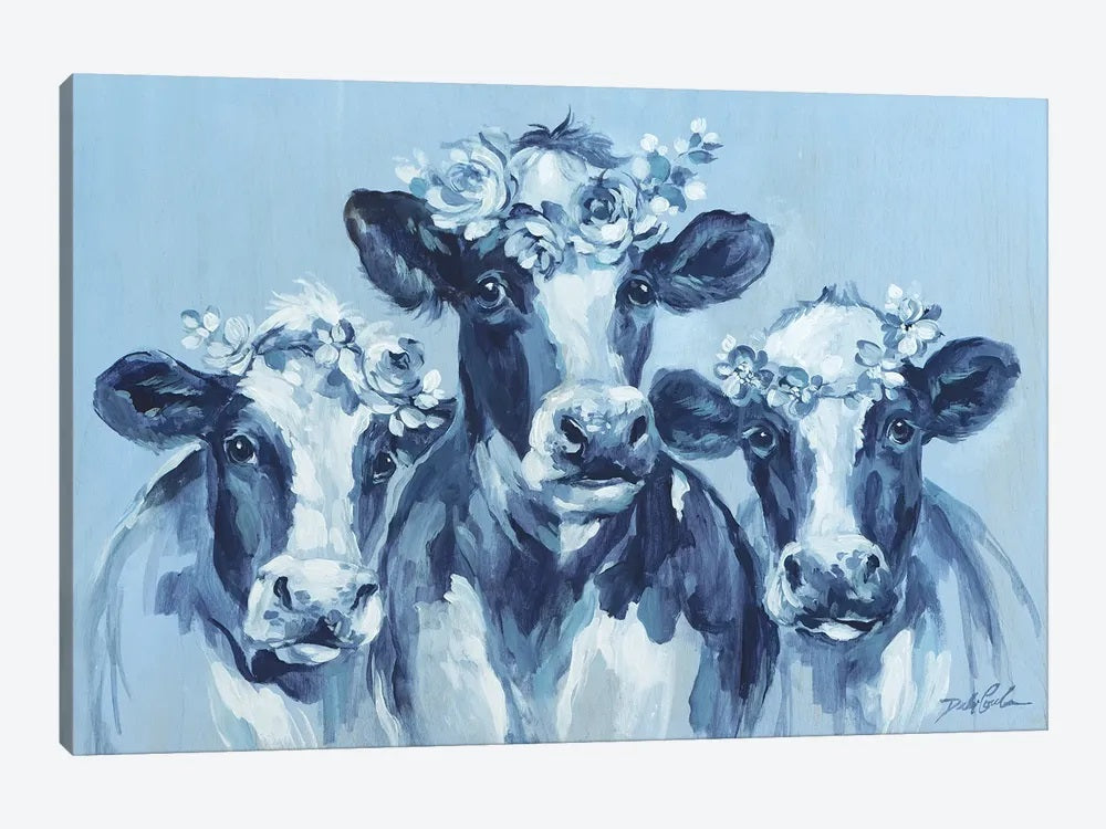 A blue-tones farmhouse painting featuring three family cows wearing rose and flower crowns.