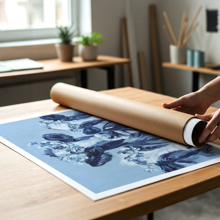 Person rolling up a canvas print of shabby-chic artwork of a family of blue cows wearing flower crowns to put in a cardboard mailing tube.