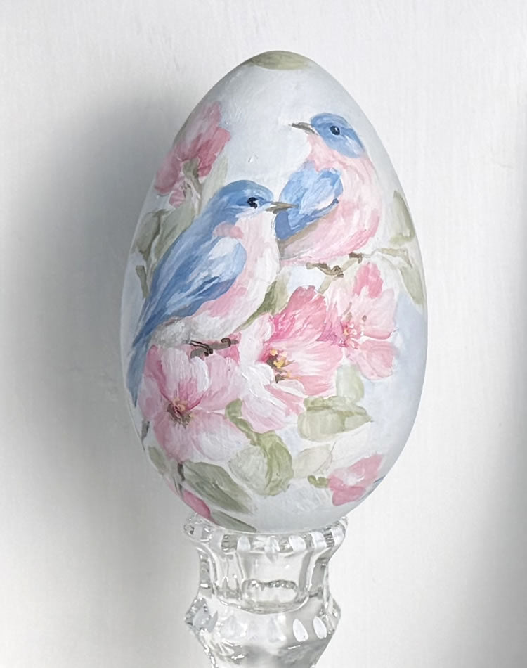 Large Easter egg, hand-painted with spring bluebirds for Easter Season home decor.